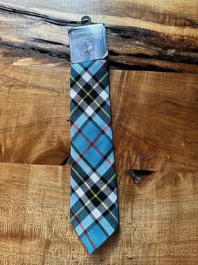Thompson Teal Blue Plaid Wool Tie with Black and Red Accents